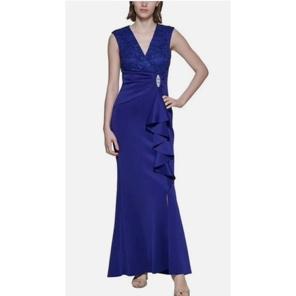 Jessica Howard Gown Womens 14 Royal Blue Lace Ruffle Formal Dress